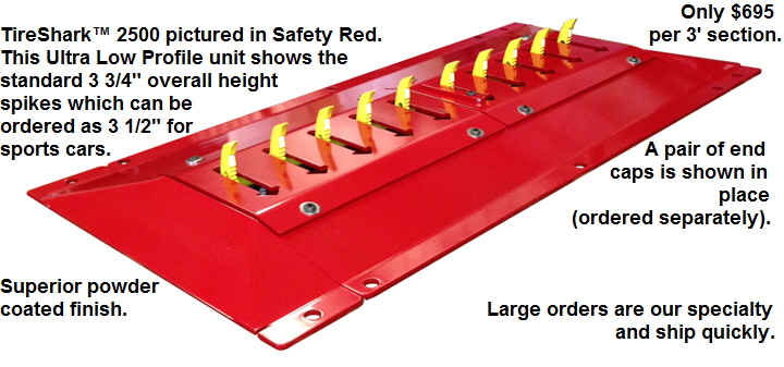 TireShark™ brand Traffic Spikes by TrafficSpikesUSA.com / Monsoon Mfg. LLC. One-way access control systems for road traffic, retractable tire poppers, Tiger Teeth, Cobra, Enforcer motorized spike strips for in-ground & surface installation, directional treadle systems for in-bound and out-bound pneumatic tires. Discount: apartment complex, shopping center, mall, airport, military base, factory and business to protect parking lot, employee, security, public access, commercial property. Contractors welcome.